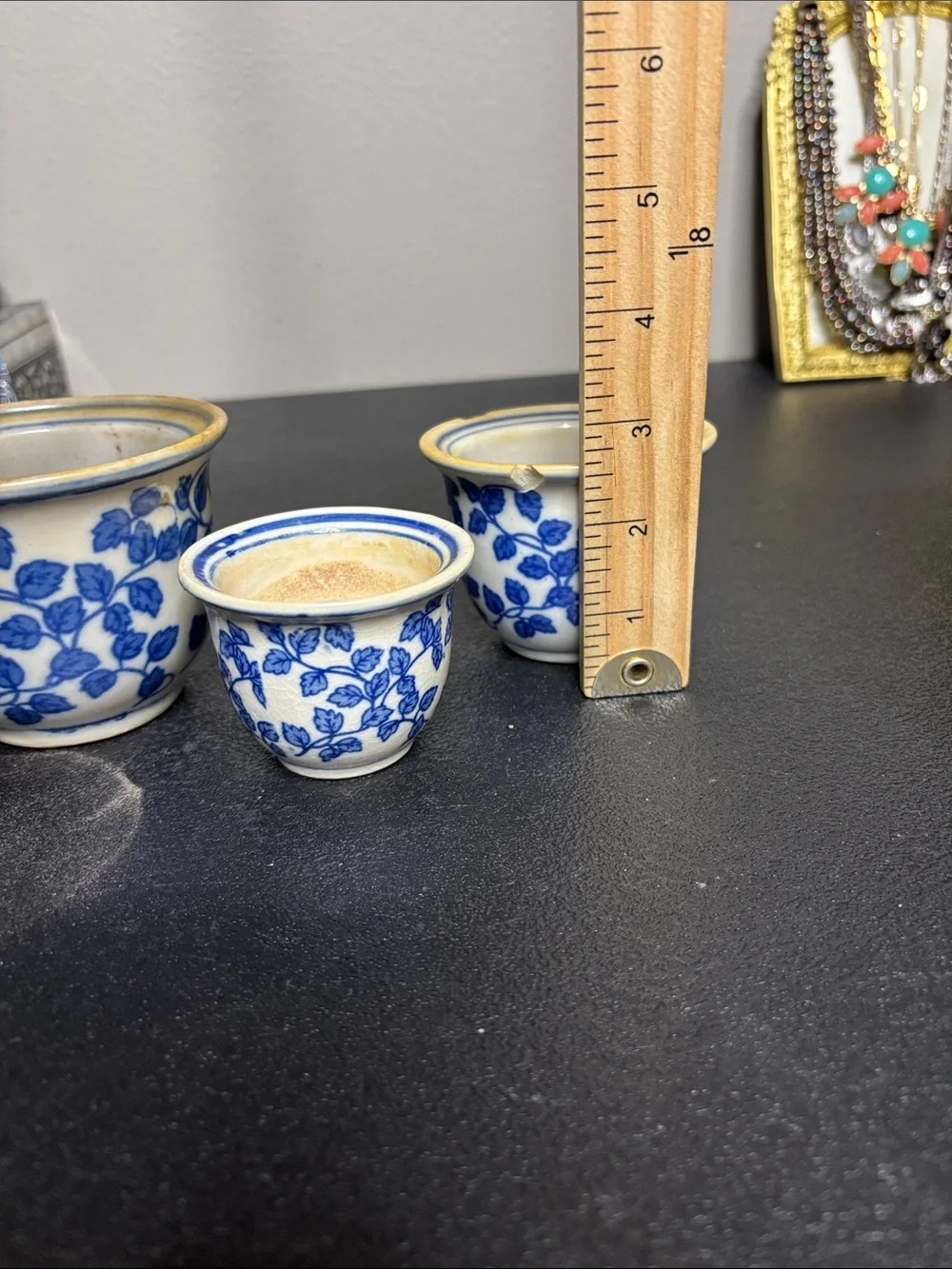 Vintage Chinoiserie Blue White Floral Ceramic Planter Set Mini One Chipped